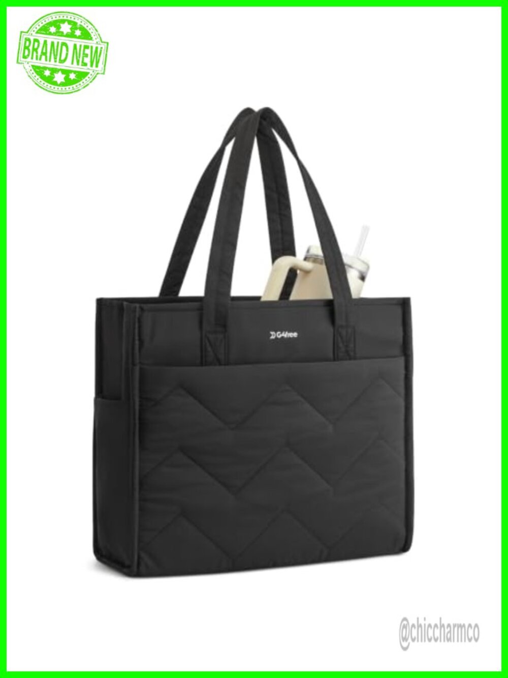 Quilted Nylon Tote Bag with 40oz Cup Holder & 15in Laptop Compartment